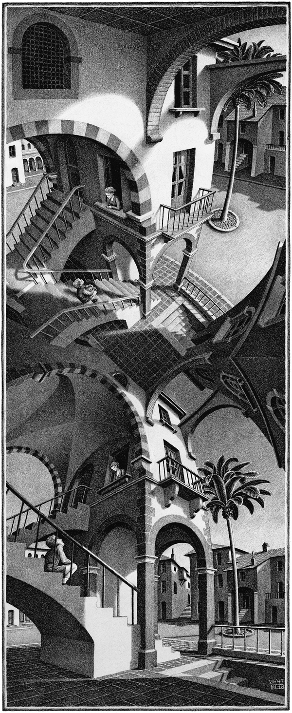 Escher grafikák - Fent és lent Maurits Cornelis Escher  Geometriai és térjátékok, építészeti illúzióik a híres holland mester műveiből Építészet, városkép, Jelenet